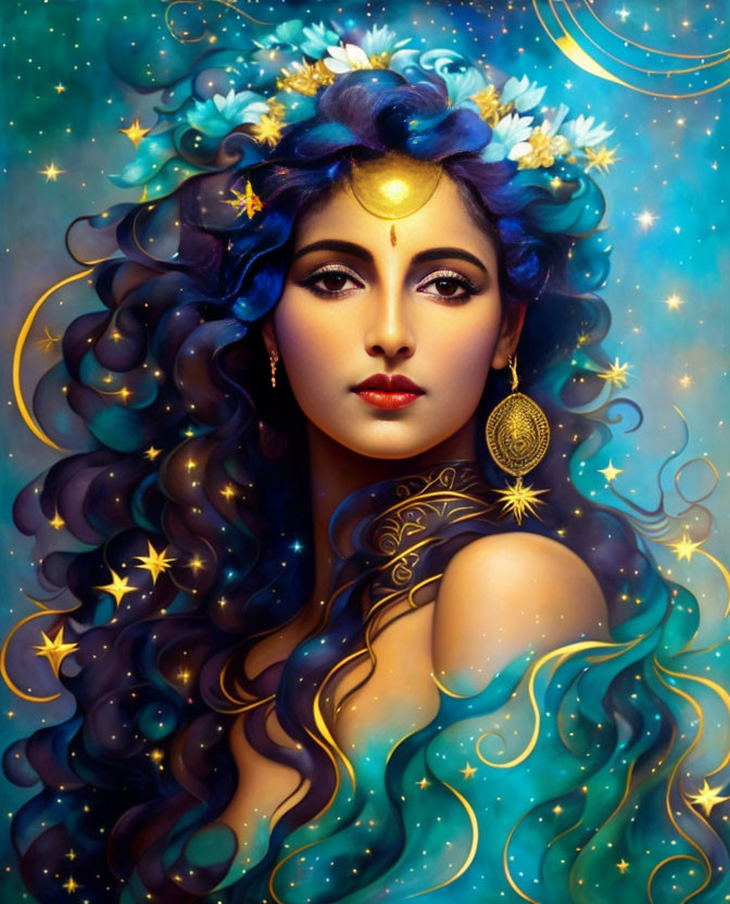 Celestial-themed digital artwork of a woman with dark wavy hair and golden crescent.