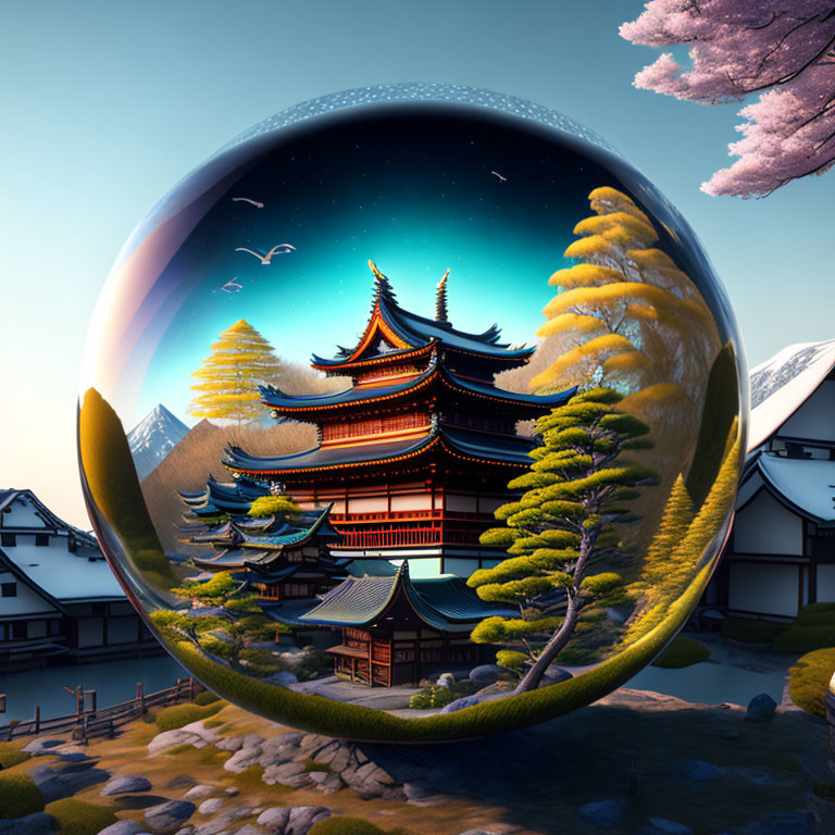 Surreal Japanese pagoda scene in transparent sphere under cosmic sky