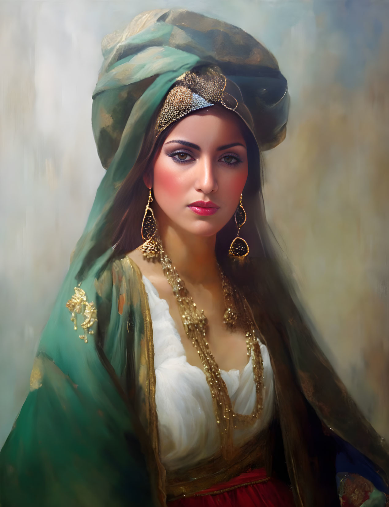 Woman in Green Turban with Gold Jewelry and Traditional Attire