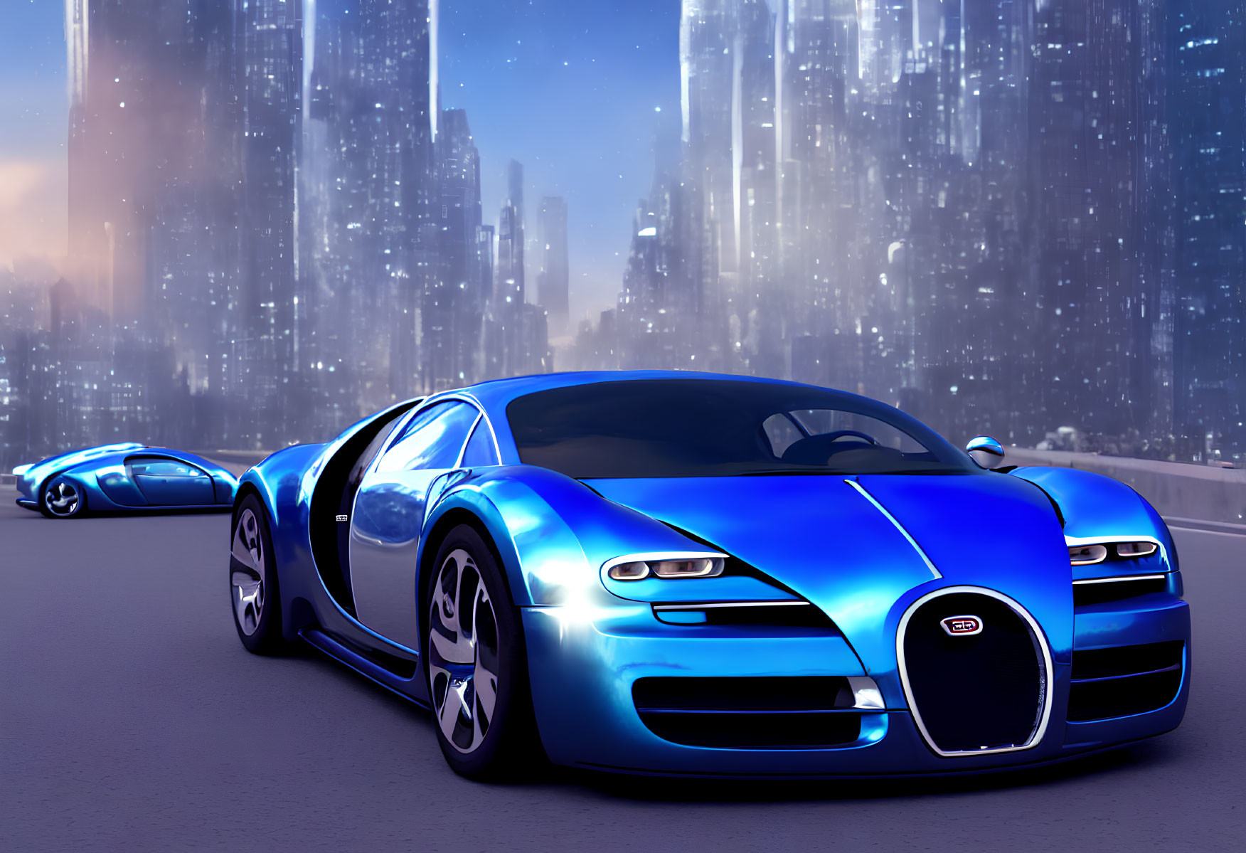 Blue Bugatti Veyron-like Sports Car on Futuristic City Road