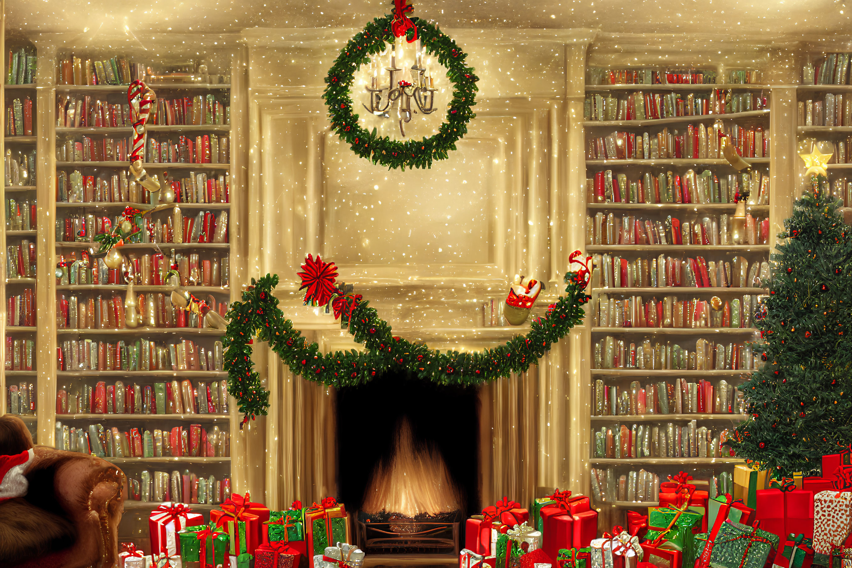 Festive Christmas scene with fireplace, tree, gifts, and decorations