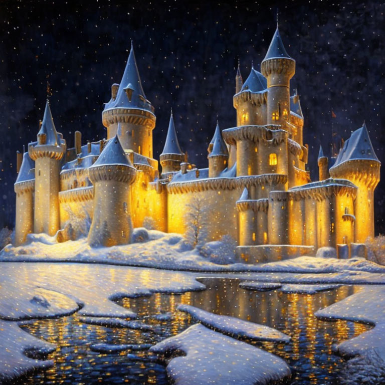 Snowy night scene: Illuminated castle in gentle snowfall