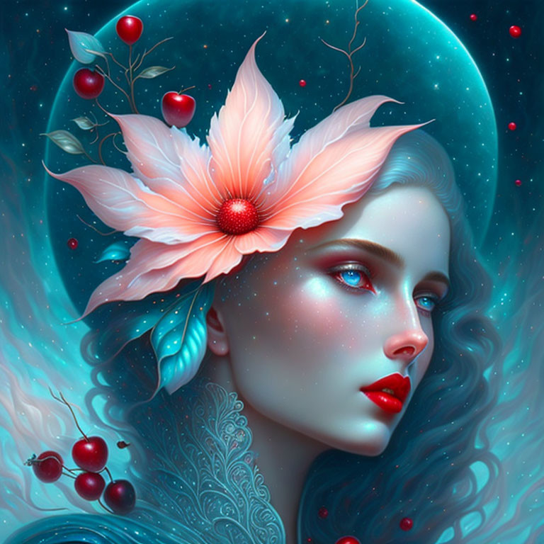 Ethereal female with floral headpiece in celestial setting