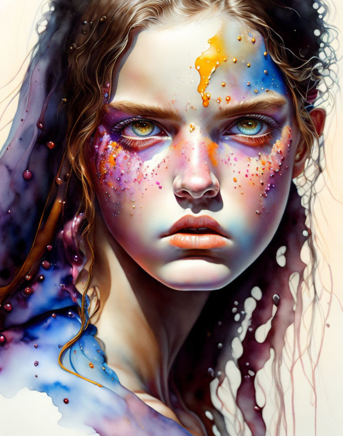 Colorful paint drips on woman's face against bright backdrop