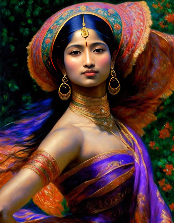 Traditional South Asian attire painting of woman in vibrant colors