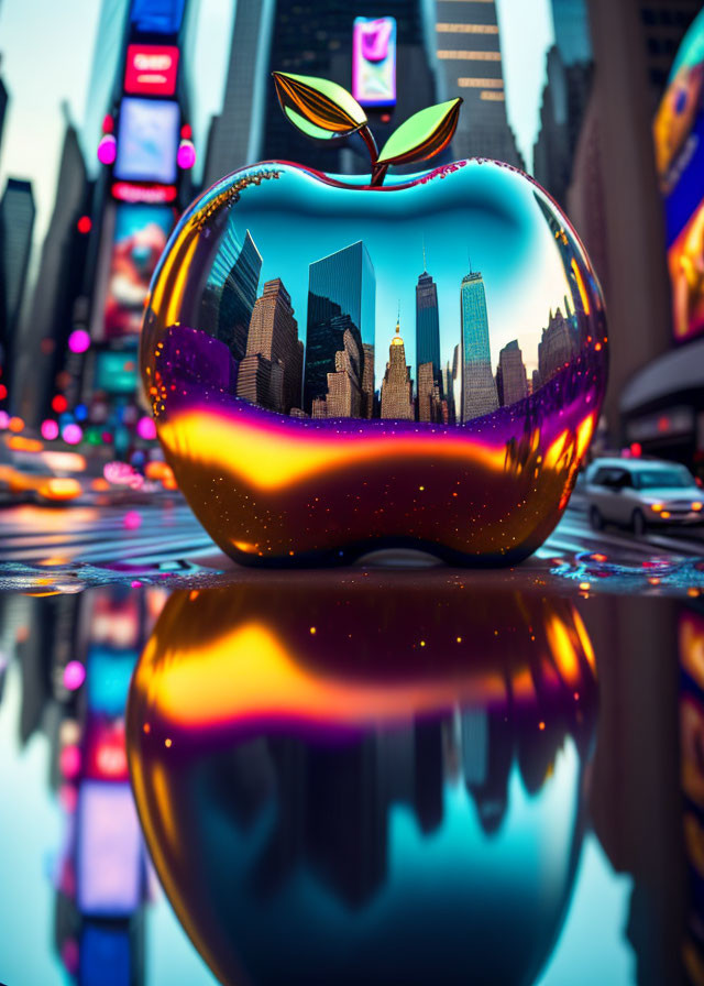 Shiny apple sculpture reflects cityscape on wet surface