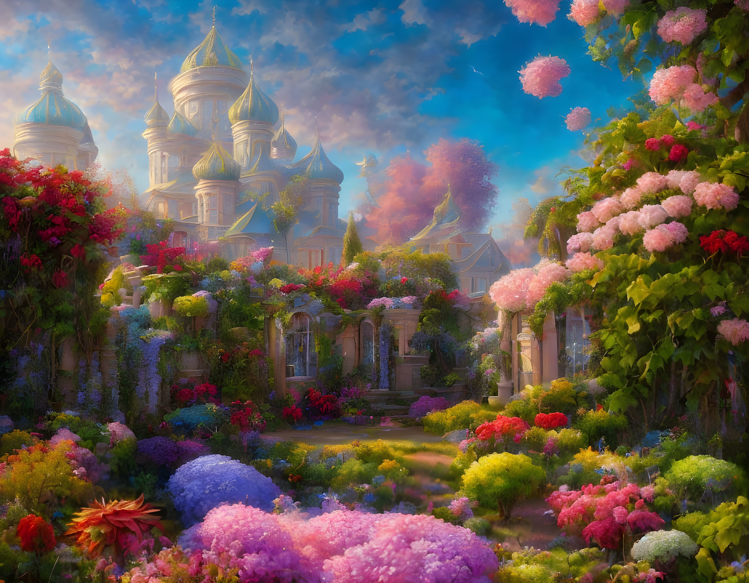 Colorful fantasy garden with castle spires and dreamy sky