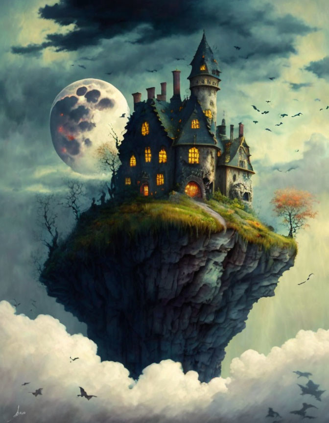 Mystical castle on floating island under full moon with flying birds and lit windows