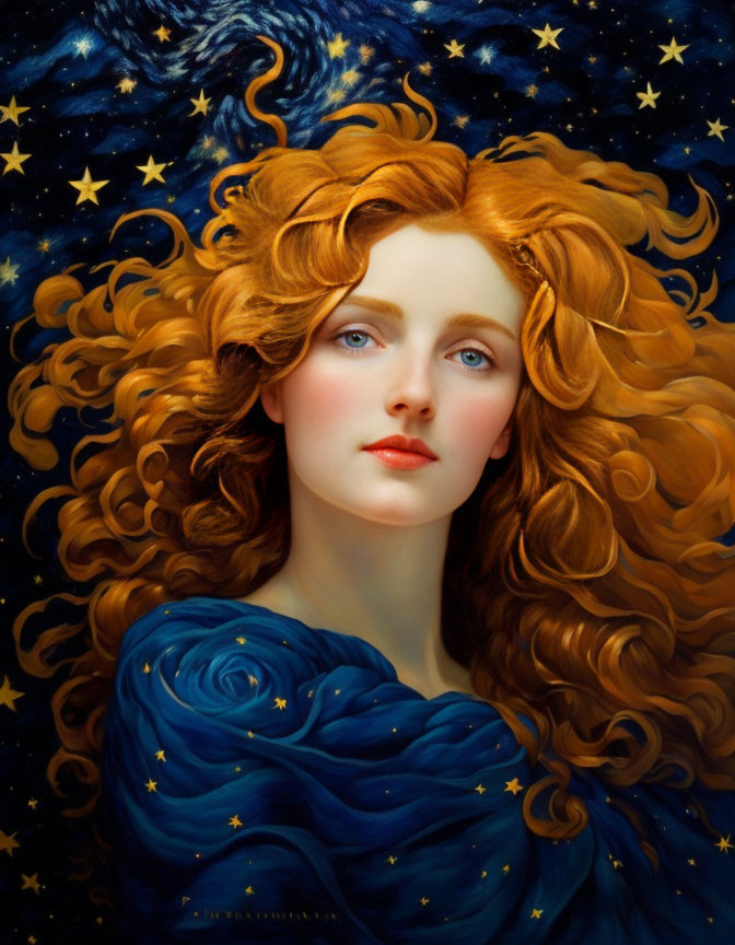 Portrait of woman with flowing red hair and starry blue cloak