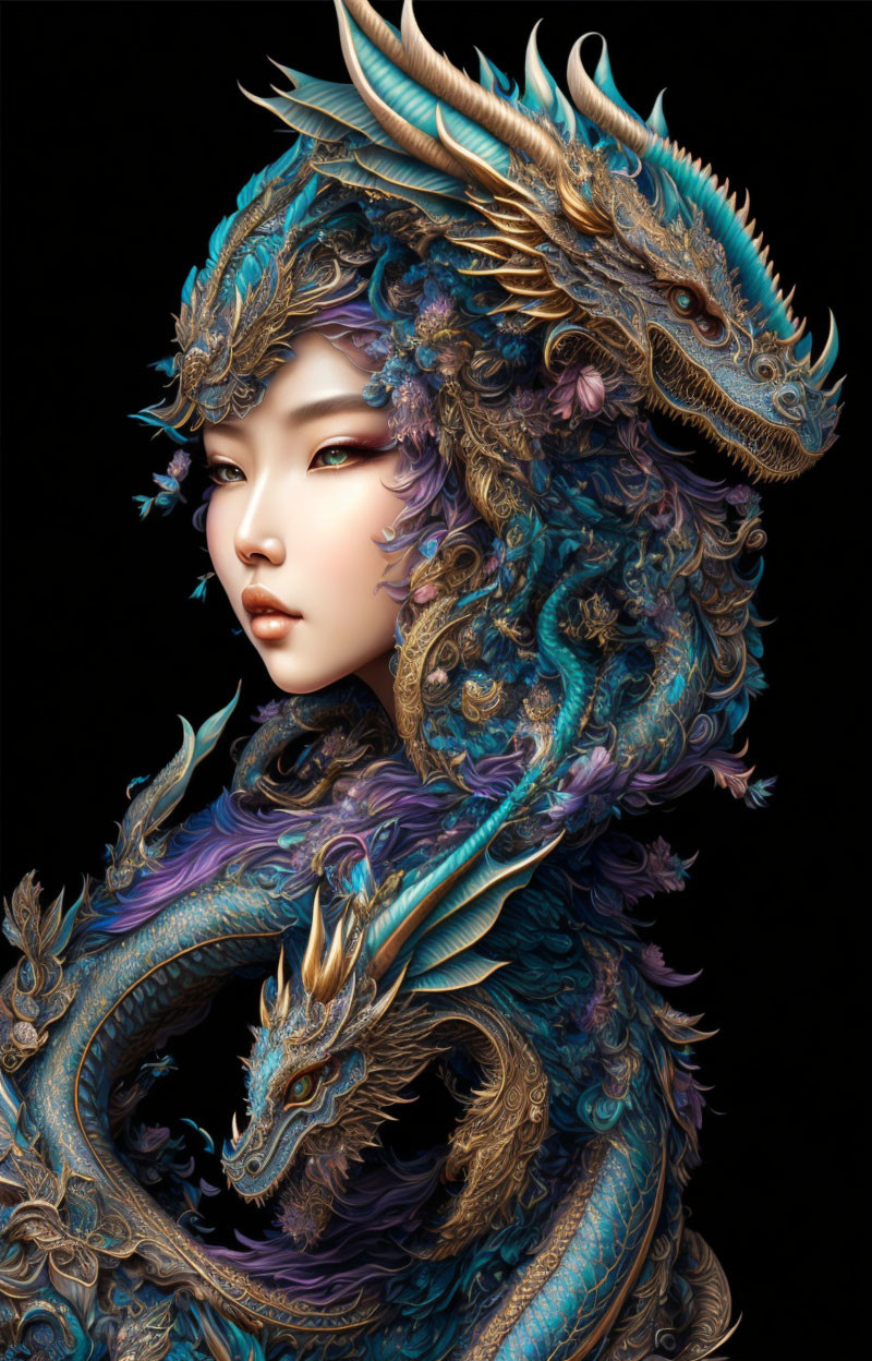 Digital Artwork: Woman blended with dragon elements, ornate blue and gold scales, horns, mythical