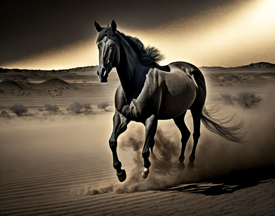 Majestic horse galloping in desert under dramatic sky