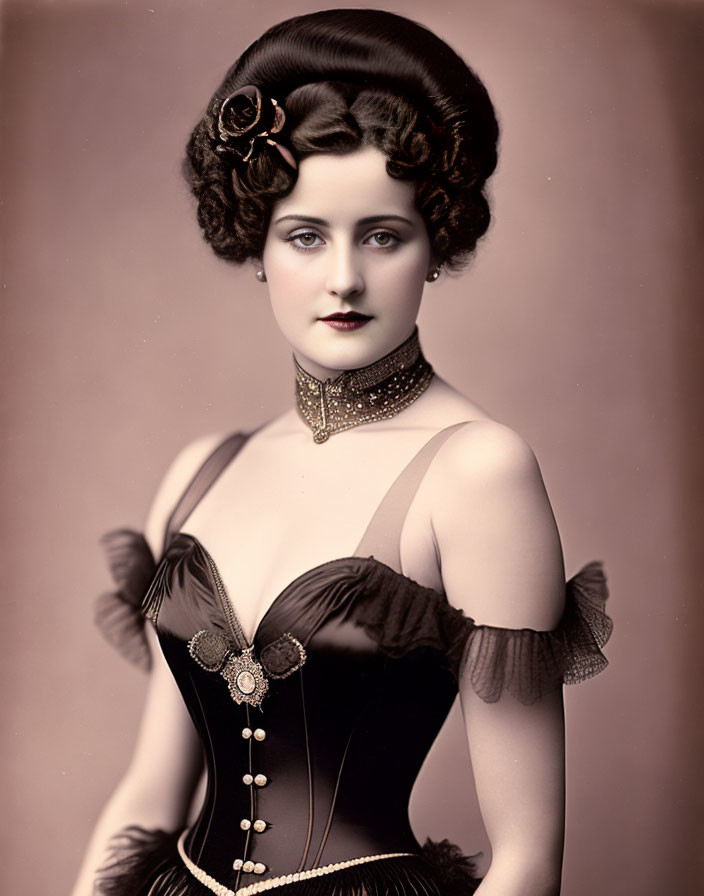 Elegant vintage portrait of a woman with updo hairstyle and roses wearing choker and corset top