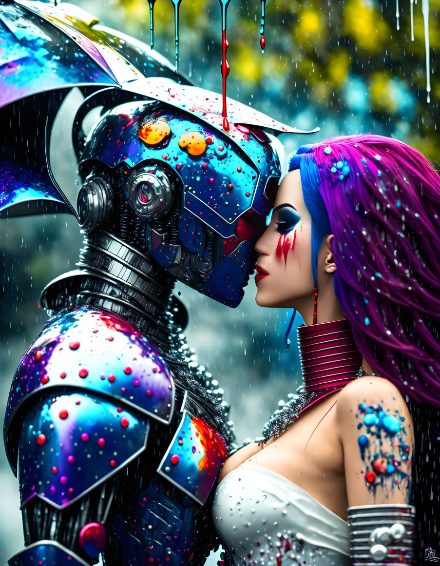 Colorful robot and woman with purple hair in affectionate moment under rainy backdrop