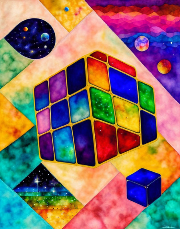 Colorful Watercolor Painting: Rubik's Cube with Cosmic Elements on Patchwork Background