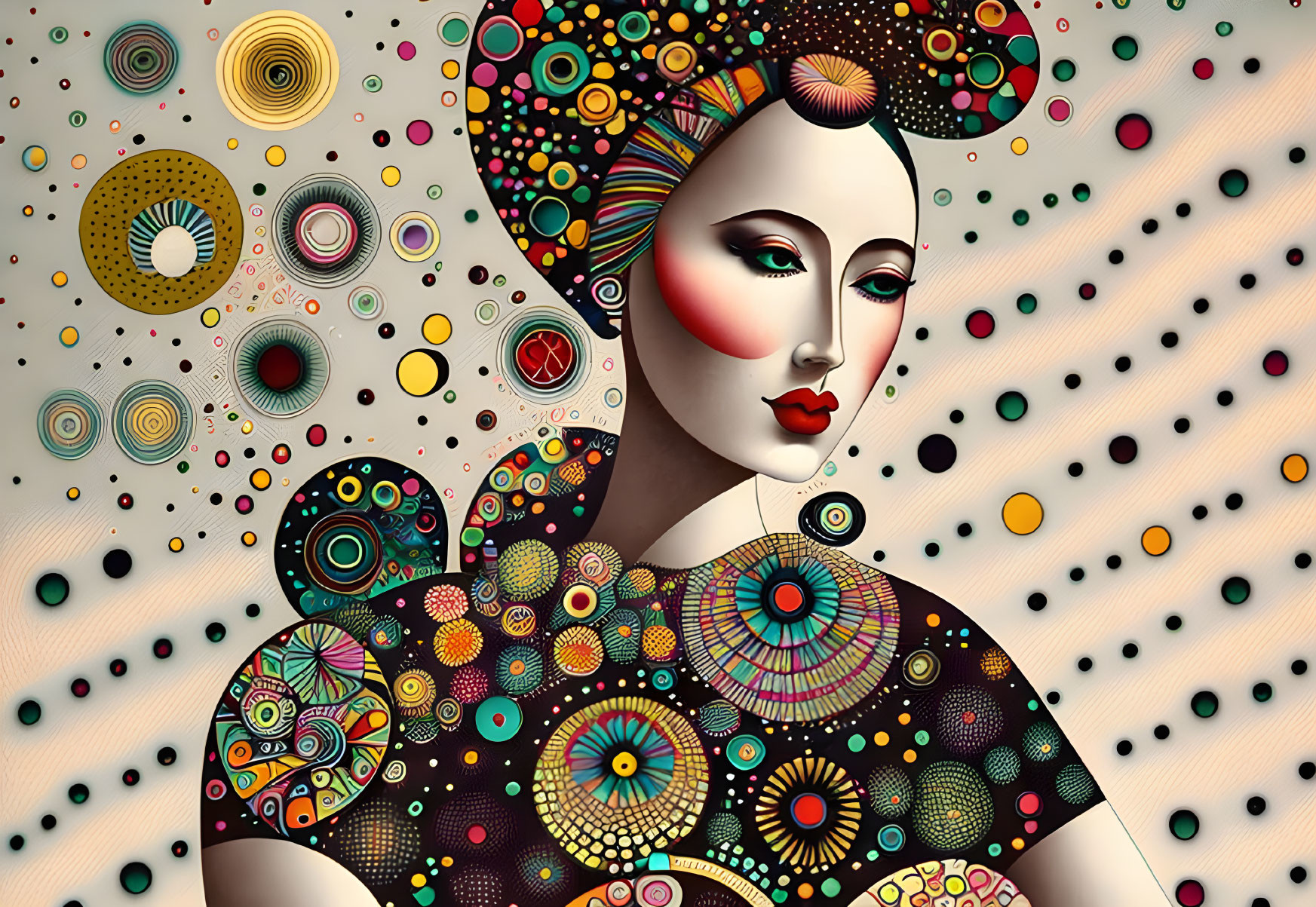 Colorful digital artwork of woman with intricate patterns and dots on hair and clothing.