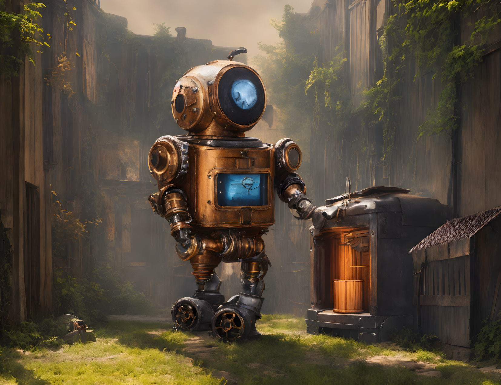 Rusty robot in sunlit clearing with old buildings and cliffs