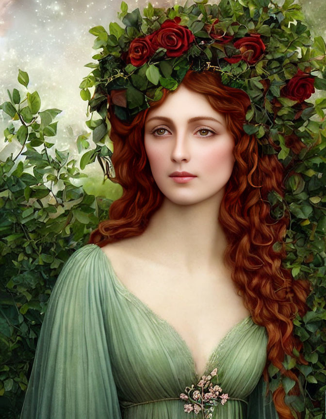 Auburn-haired woman with rose crown in serene forest setting