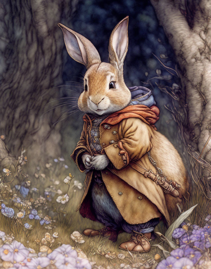 Anthropomorphic rabbit in coat and scarf among woodland flora