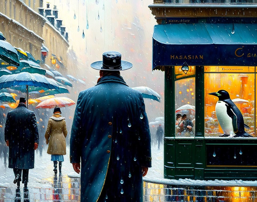 Man in coat and hat watches snowy street with pedestrians and penguin near shop