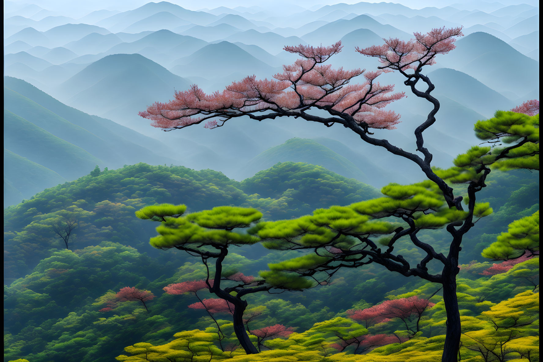 Vibrant solitary tree with pink blossoms in serene landscape