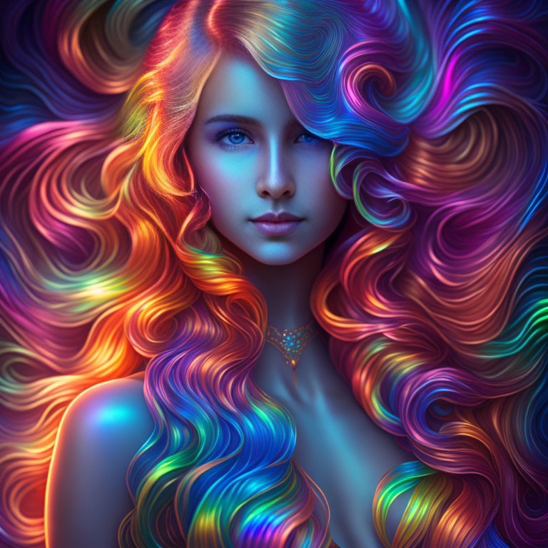 Colorful digital artwork: Woman with vibrant wavy hair and captivating blue eyes