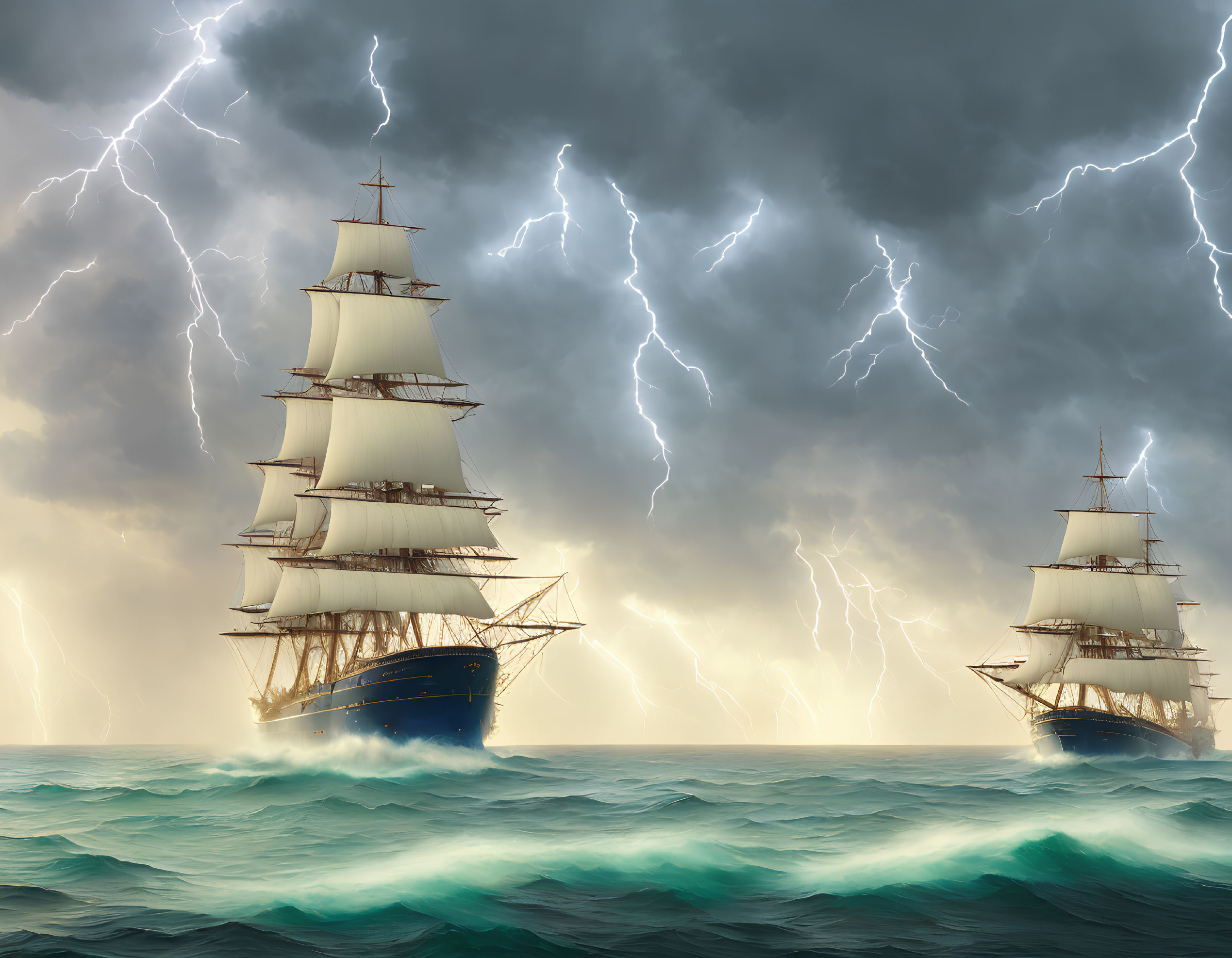 Tall ships in stormy seas with lightning bolts.