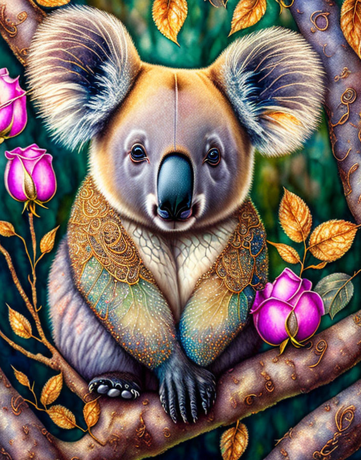 Colorful Koala Illustration on Branch with Decorative Patterns and Flowers