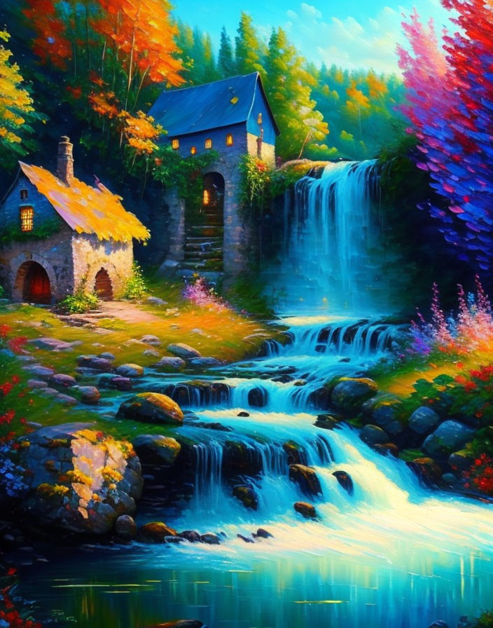 Autumnal forest painting: stone cottage by waterfall