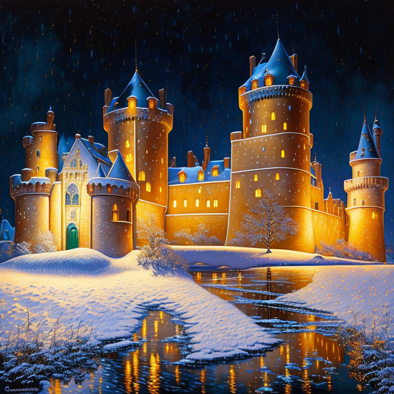 Snowy Castle Night Scene with Illuminated Windows