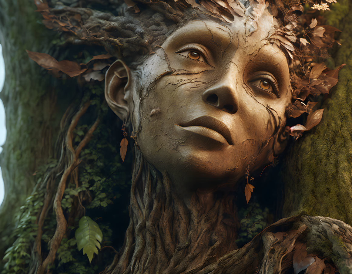 Detailed sculpture of woman's face merging with tree: intricate bark textures, leaves, and sprouting flowers