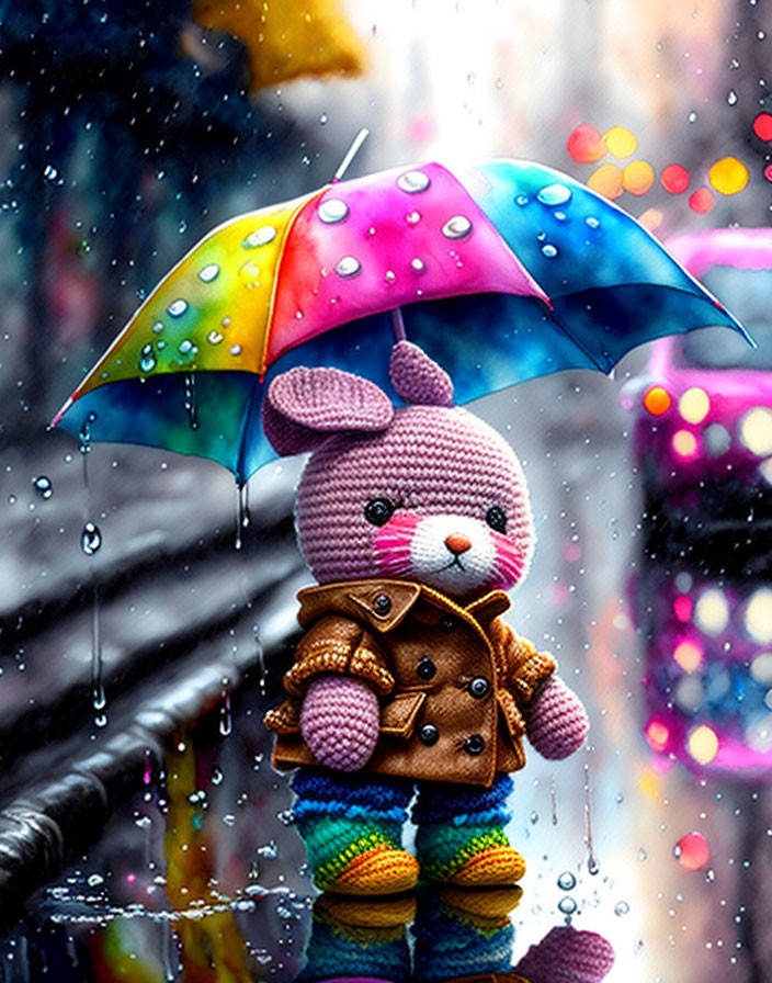 Colorful umbrella shields plush bunny in brown jacket and striped socks on raindrop background.