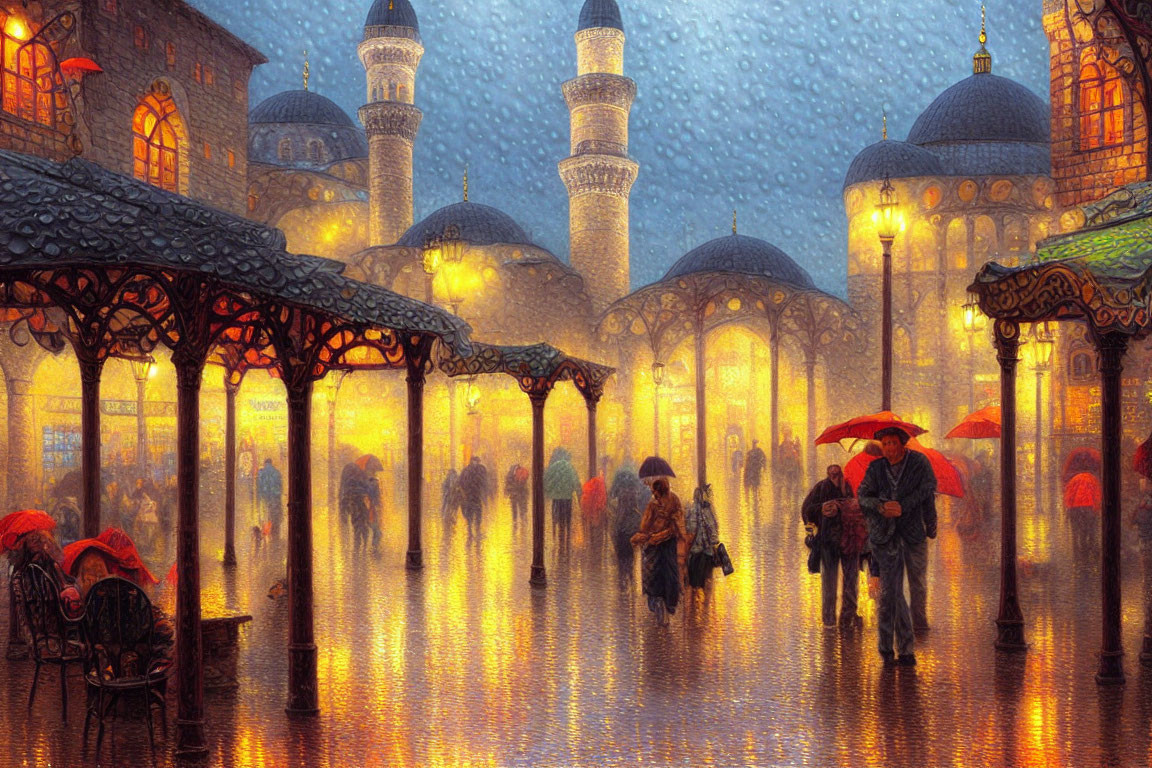 Vibrant evening rain scene at market near mosque with glowing lights and people with umbrellas.