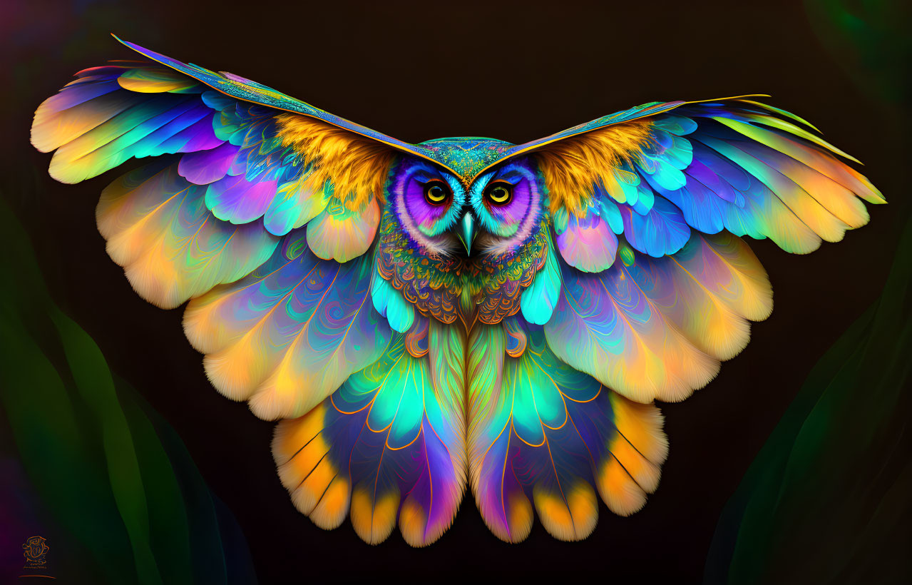 Colorful Owl Illustration in Flight with Iridescent Wings on Dark Background