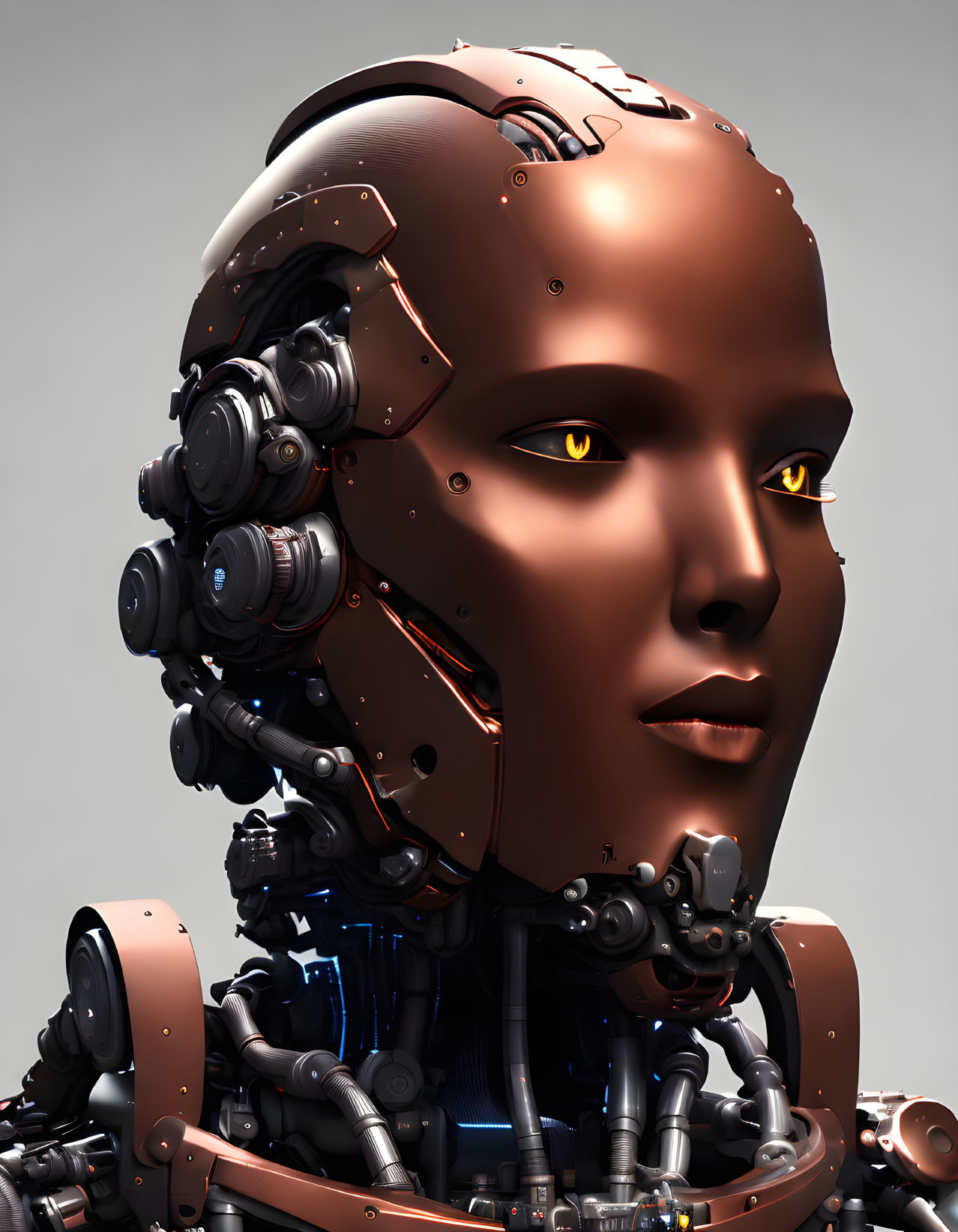 Detailed Female Android with Glowing Yellow Eyes and Mechanical Parts