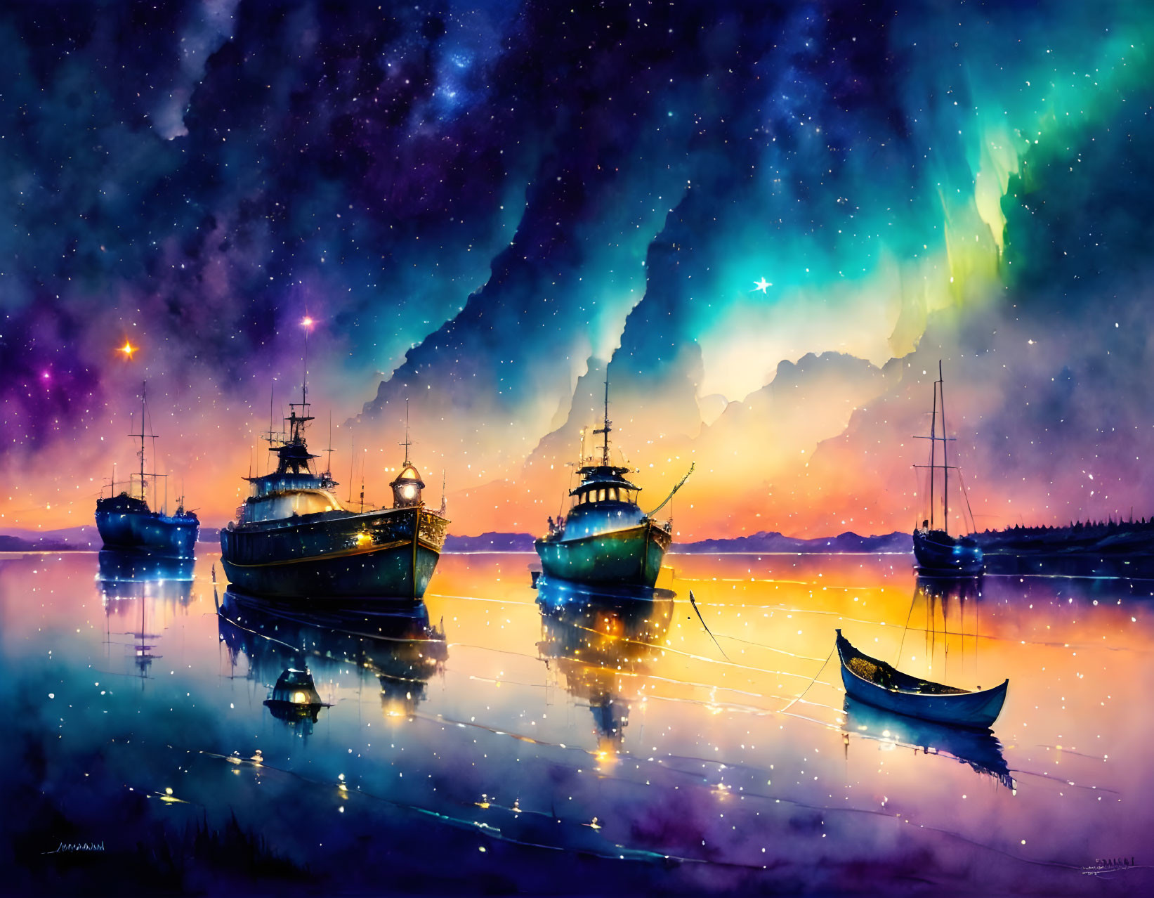 Night sky watercolor painting of ships on calm waters with aurora lights, reflecting on the surface with