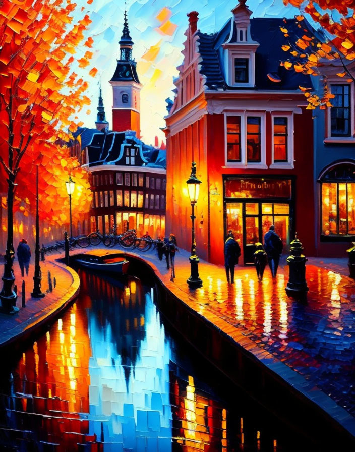 European Street Painting: Vibrant Dusk Scene with Canal Reflections