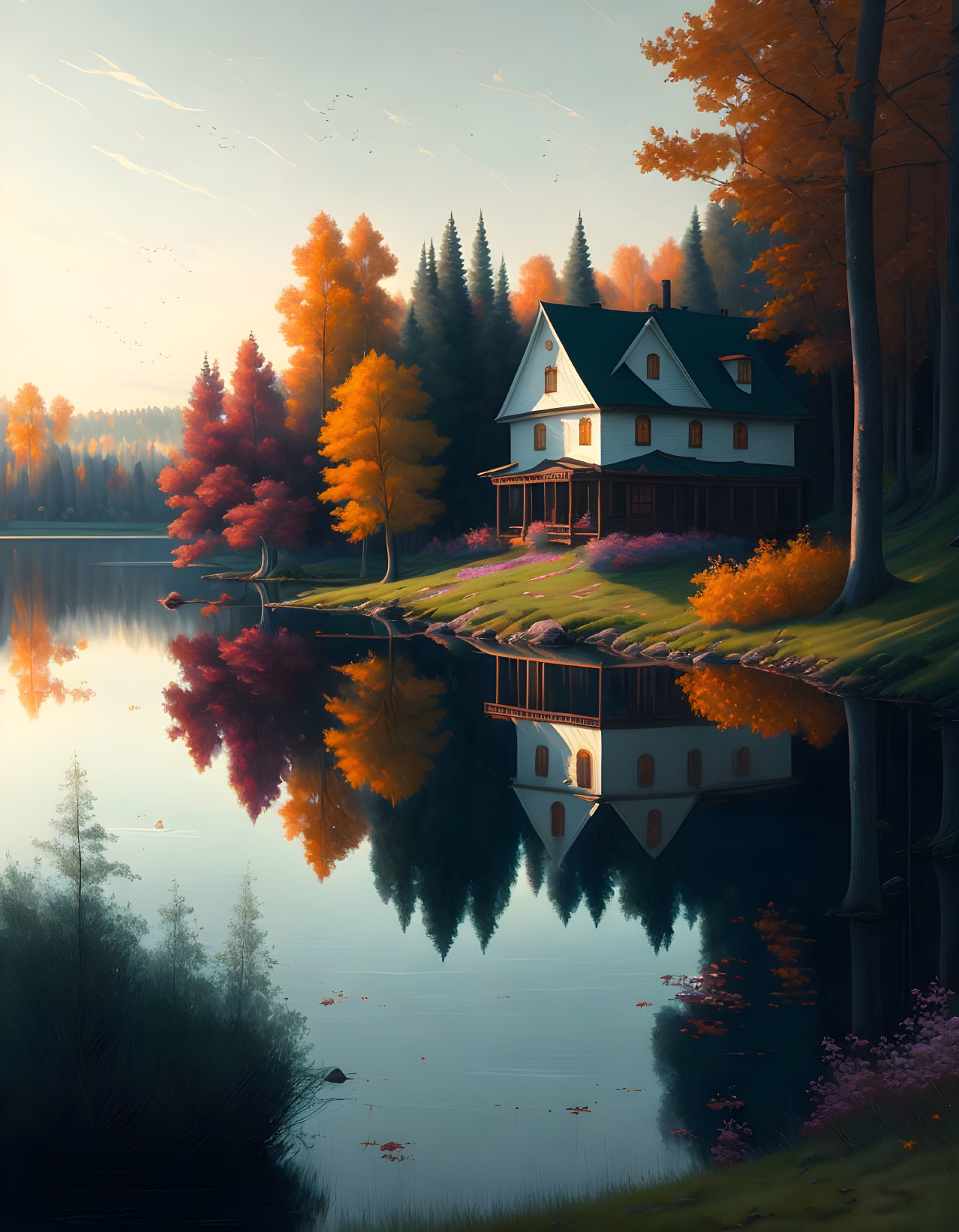 Scenic autumn lakeside house with colorful trees and reflection