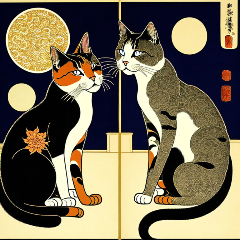 Stylized cats with intricate patterns in traditional Asian art style