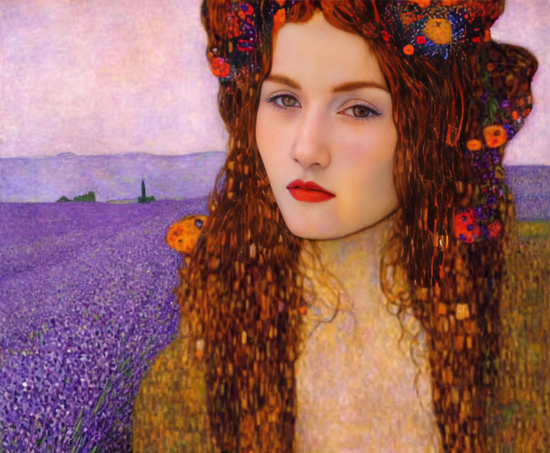 Portrait of woman with red hair blending into lavender field background in impressionist style