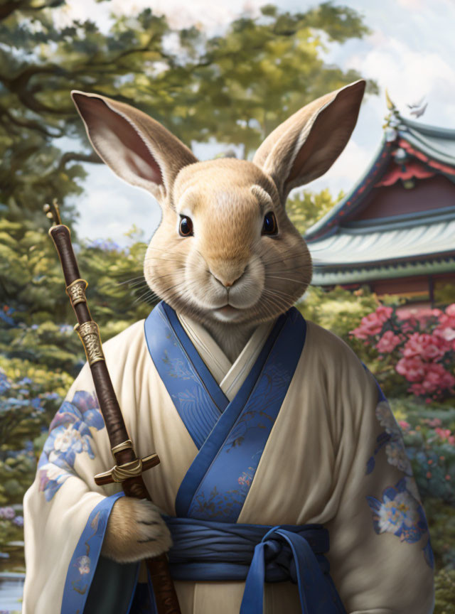 Anthropomorphic rabbit in Japanese attire with katana in temple garden