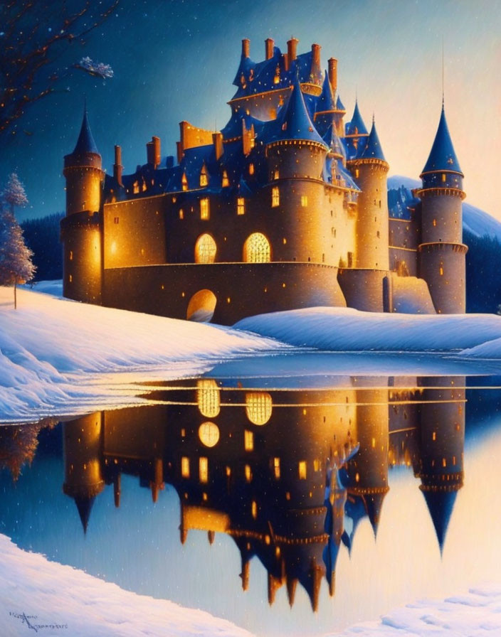 Illuminated Castle Reflecting on Calm Water at Night