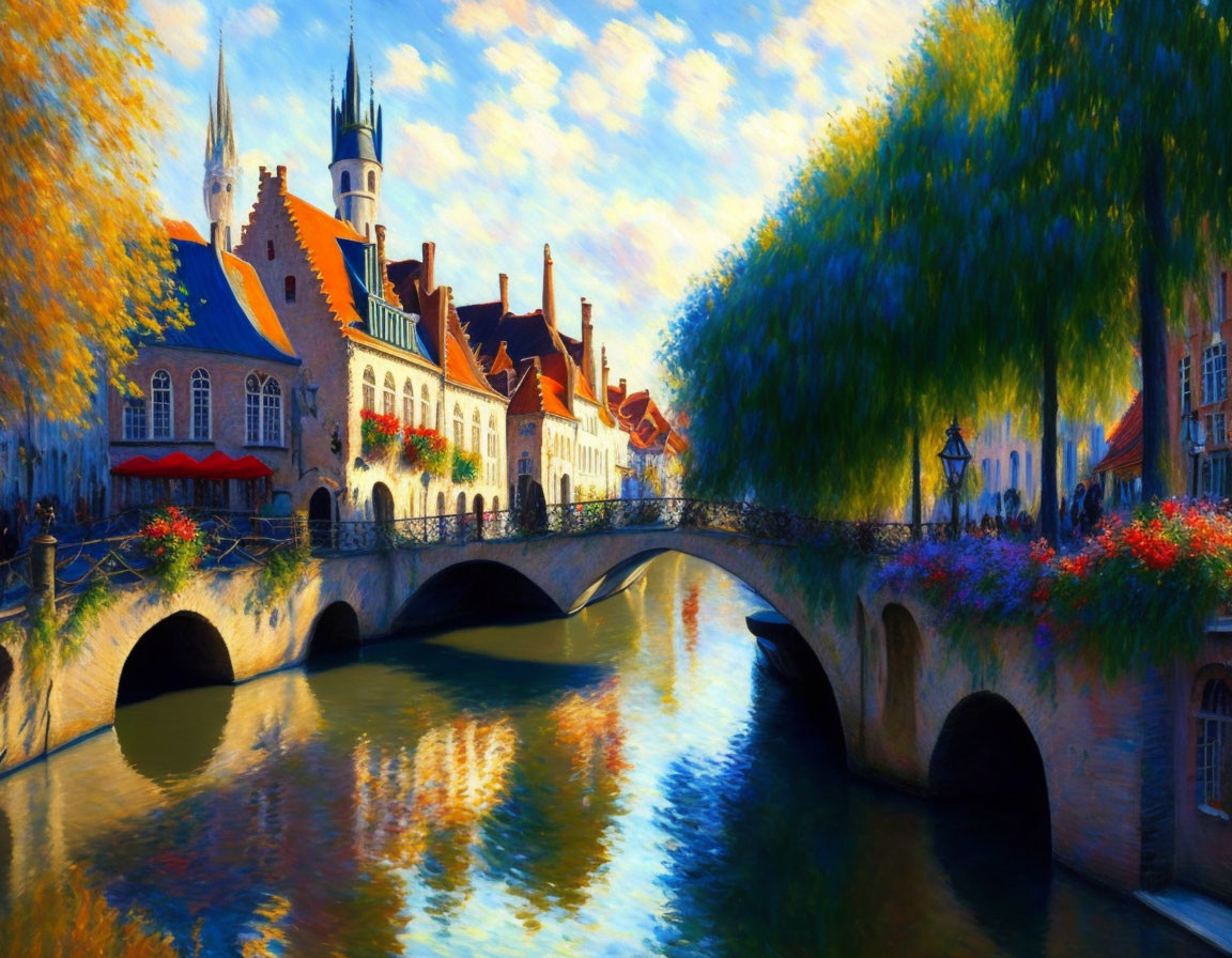 Scenic painting of canal, stone bridge, buildings, trees under blue sky