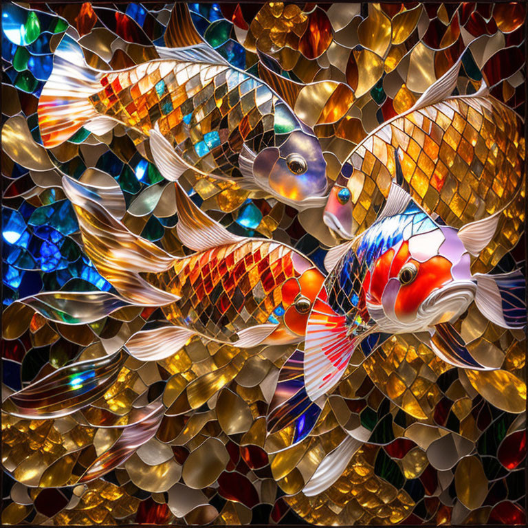 Vibrant mosaic artwork featuring ornate koi fish on colorful backdrop