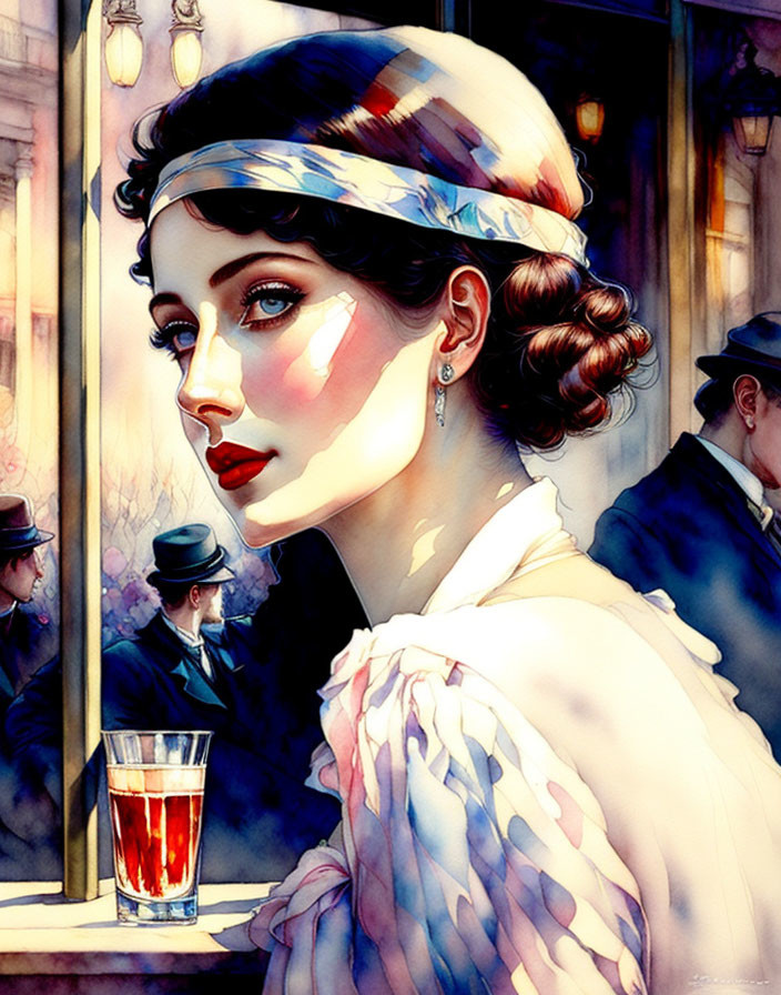 Illustration of elegant woman with headscarf and drink by window, men conversing in background