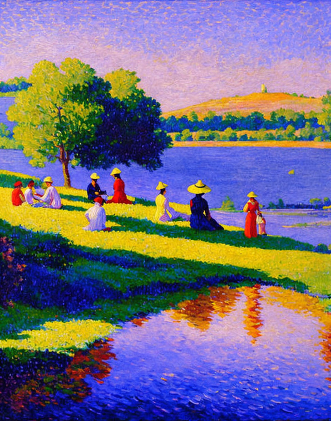 Colorful Pointillist Painting of Figures by Blue Riverbank