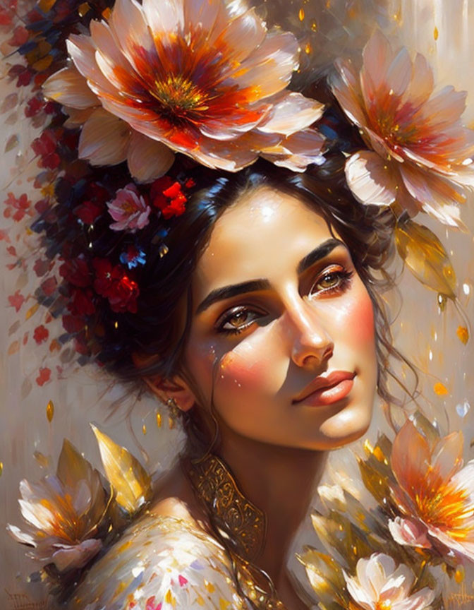 Woman portrait with luminous skin and vibrant flowers, serene gaze.