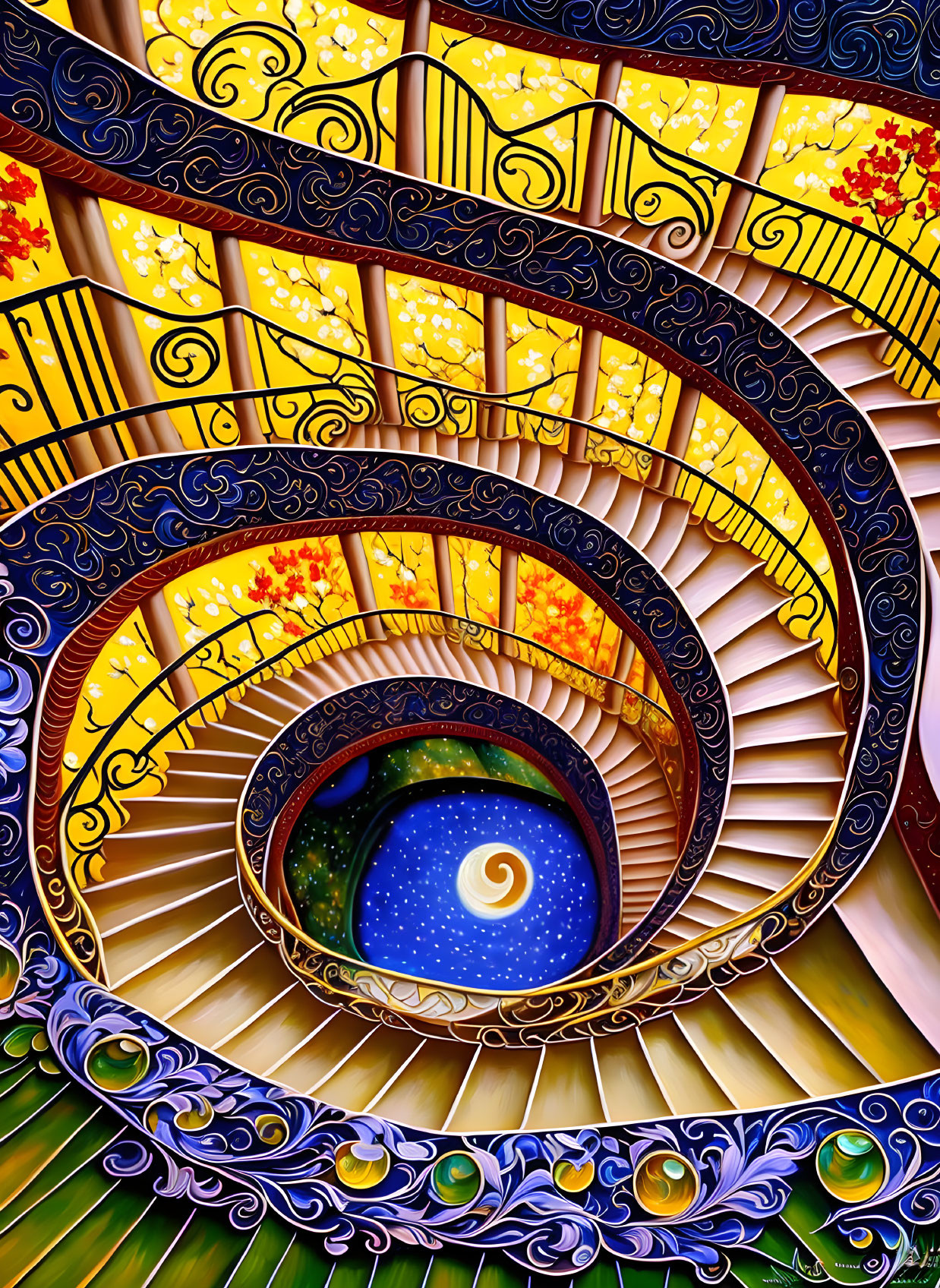 Spiral Staircase Digital Art: Cosmic Sky & Autumn Leaves