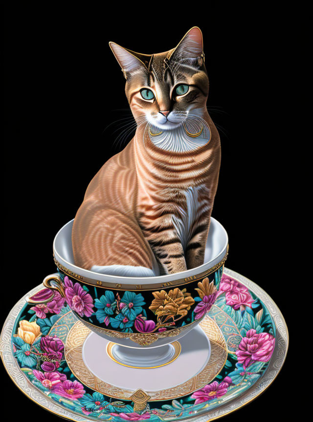 Tabby Cat in Floral Teacup on Black Background