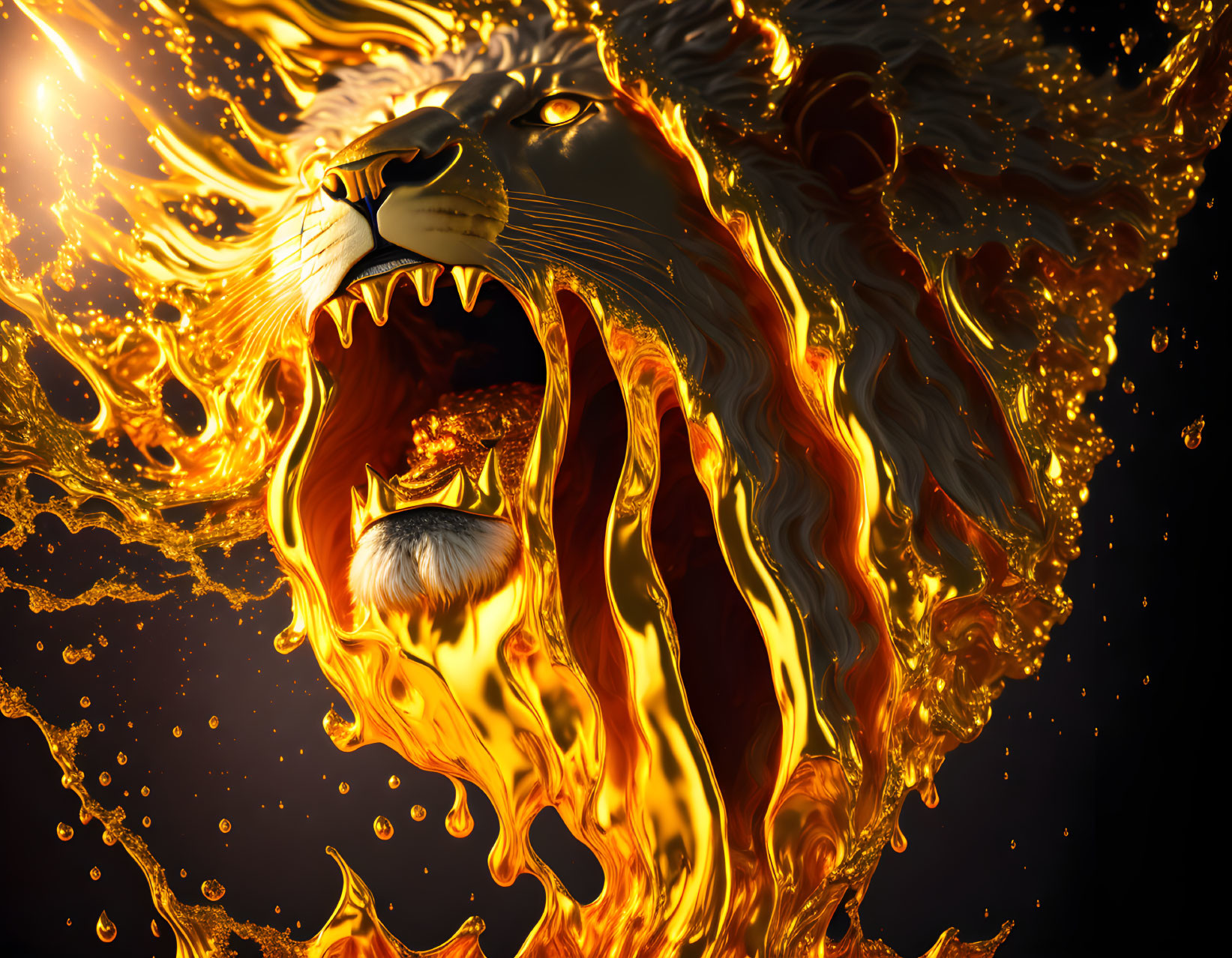 Lion's head roaring in golden flames on dark background