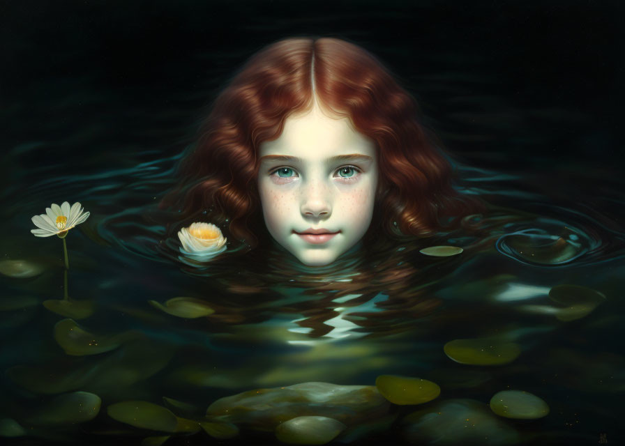 Portrait of a girl with red hair and blue eyes in dark water with lily pads and flowers